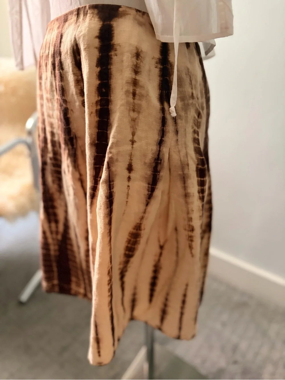Michael Kors Linen Brown and Cream Tie-Dye A-Line Midi Skirt
